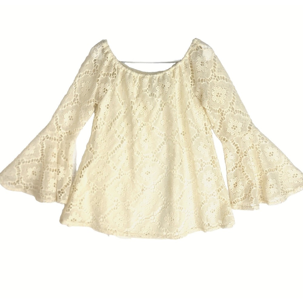 Missy Robertson Angel Cream Lace Overlay Flared Sleeve Fairy Top Womens M Y2K